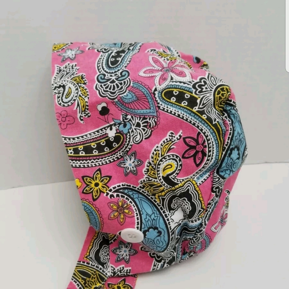 Pink Paisley Ponytail Scrub Cap Ear Saver Buttons